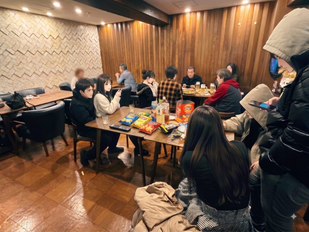 テーブルを囲んで語り合う「明日カフェ」店内の様子