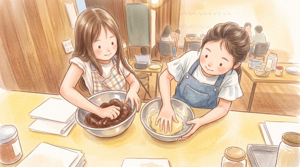 厨房で並んで作業する二人のイラスト